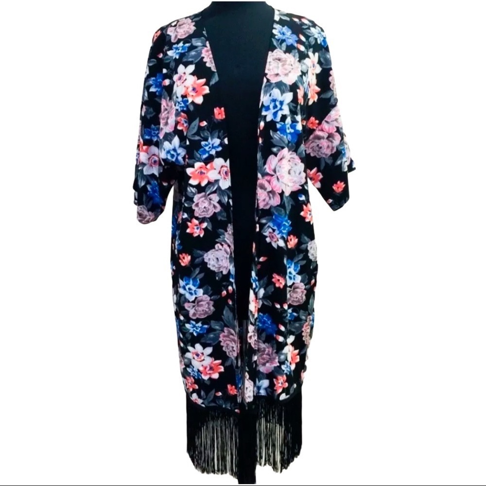 Carmen Marc Valvo Floral Kimono Duster With Fringe Black Pink Blue XS